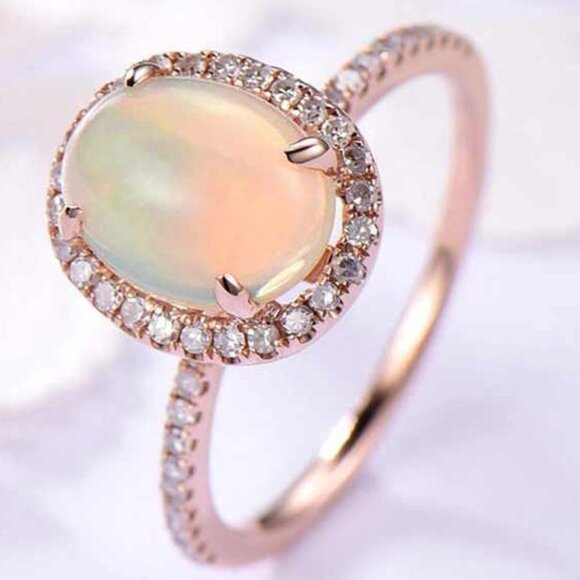 Sweet Oval Gemstone Micro Pave Beautiful Fire Opal Rose Gold Ring, VIP200 - Picture 1 of 7